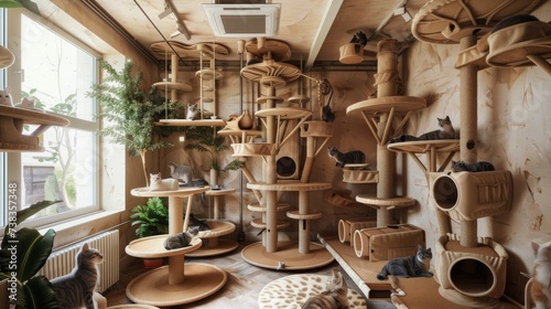 a nice house adorned with multiple cat trees, each occupied by contented felines lounging and playing amidst the comfortable surroundings. © lililia