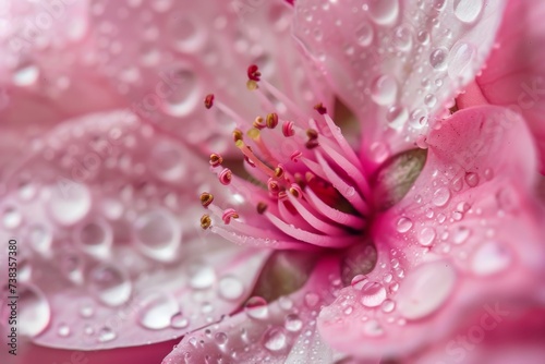 A vibrant pink blossom glistens with delicate dew drops  its petals adorned with the refreshing essence of rain and the nourishing touch of nature