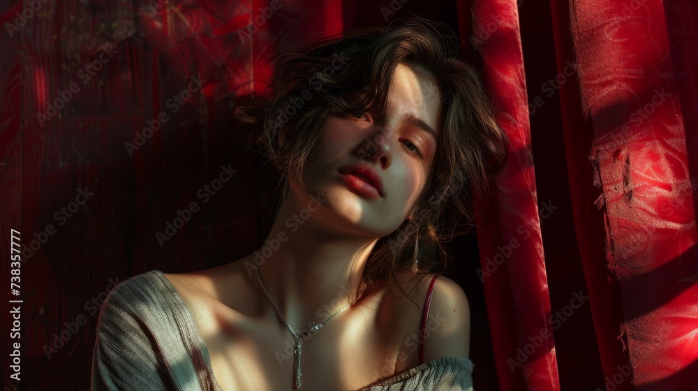A striking red portrait of a fashion-forward lady, with long hair cascading down her face, posing confidently for an art model photo shoot indoors A striking red portrait of a fashion-forward lady, with long hair cascading down her face, posing confidently for an art model photo shoot indoors