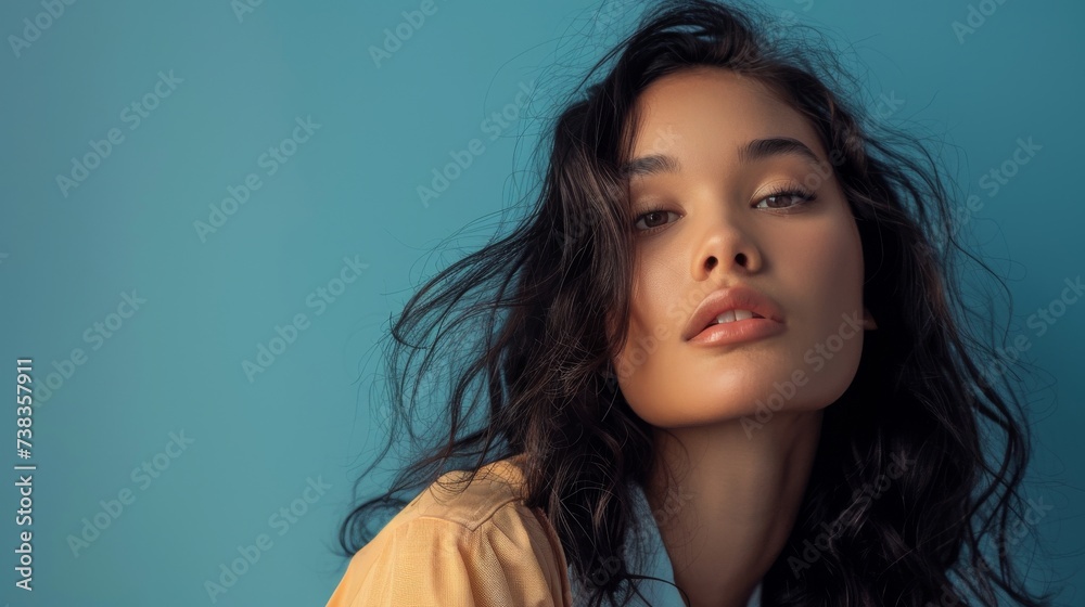 A captivating portrait of a fashionable woman with long, layered hair, piercing eyes, and delicate features, exuding confidence and grace A captivating portrait of a fashionable woman with long, layered hair, piercing eyes, and delicate features, exuding confidence and grace