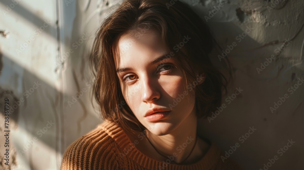 A contemplative woman gazes off into the distance while her delicate features and fashionable attire contrast against the rough brick wall behind her A contemplative woman gazes off into the distance while her delicate features and fashionable attire contrast against the rough brick wall behind her