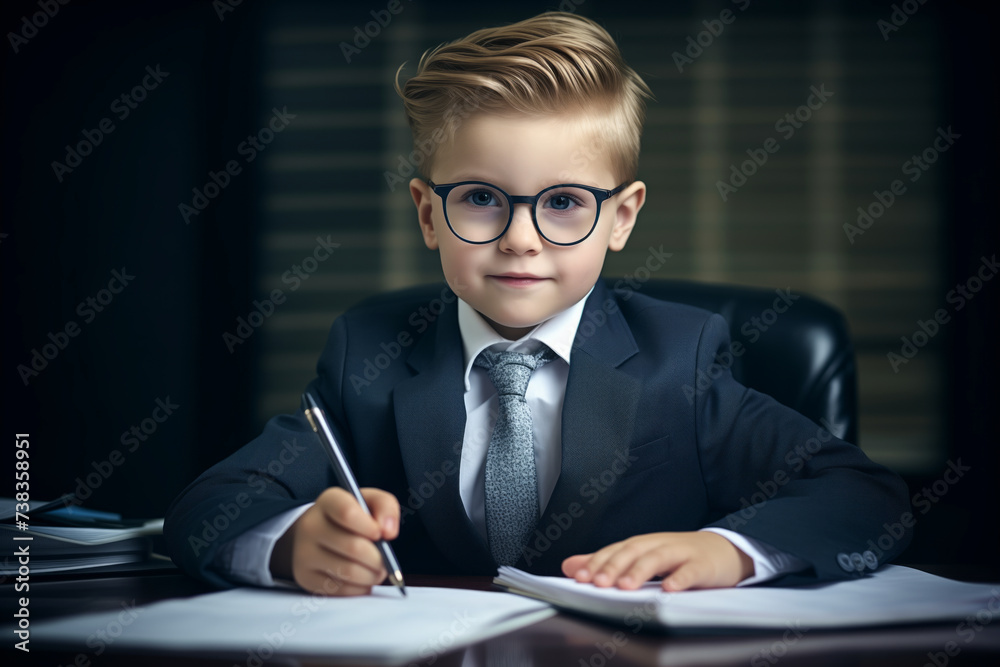 A little boy dressed in a suit and tie sits at a desk, focusing on writing with a pen. A little boy dressed in a suit and tie sits at a desk, focusing on writing with a pen.