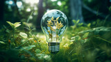 A photograph capturing a light bulb positioned in the middle of a vibrant green field, sustainability concept
