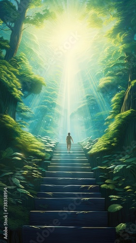 growth through new opportunities, a person ascending blue stairs against a backdrop of lush green forest bathed in sunlight, progress and optimism for a bright future.