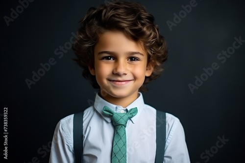 Portrait of a cute little boy with bow tie and suspenders
