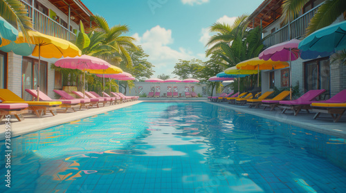 A detailed view of a well-kept swimming pool surrounded by lounge chairs and colorful umbrellas © Textures & Patterns