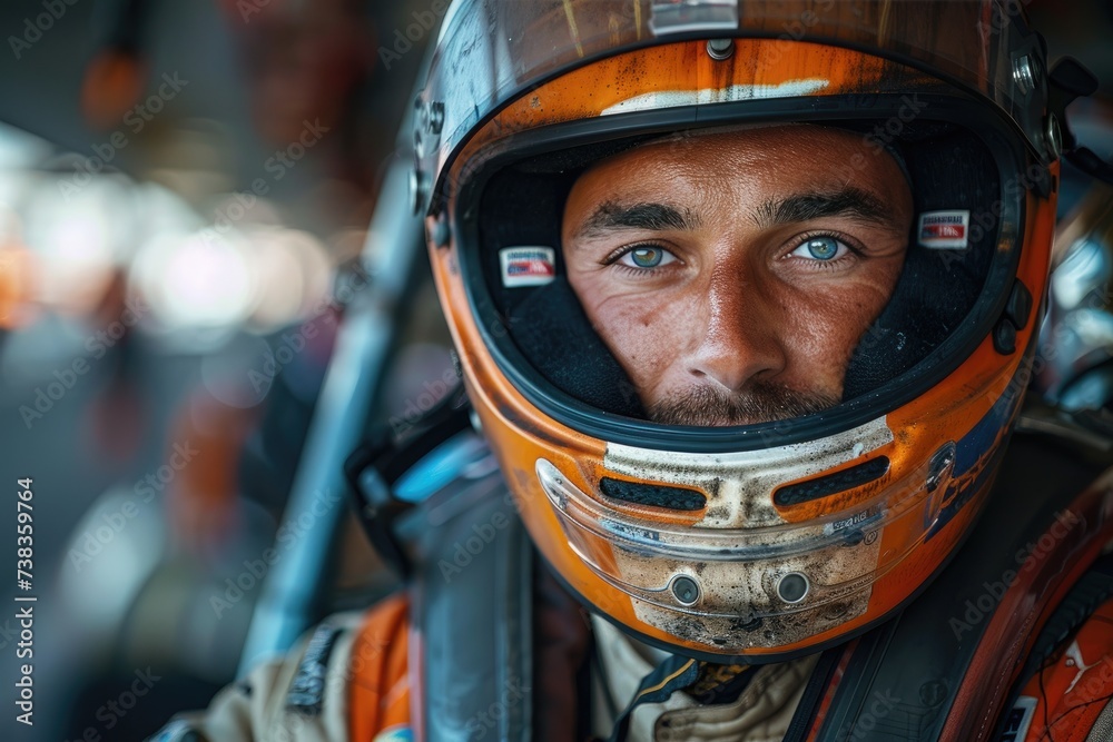 A racer in a racing suit and helmet posing next to a race car A racer in a racing suit and helmet posing next to a race car