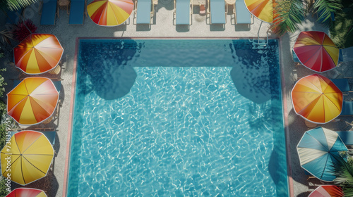 A detailed view of a well-kept swimming pool surrounded by lounge chairs and colorful umbrellas