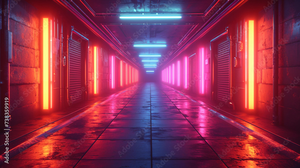 Fototapeta premium Futuristic Subterranean Corridor Lit by Colorful Fluorescent Lights