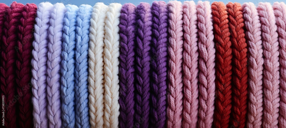 Pastel colors striped knitted wool threads, minimalistic craft background