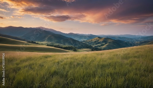 A tranquil sunset over rolling green hills with lush grass in the foreground and distant mountains under a soft sky. Generative AI. © zax