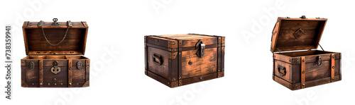 mediaeval opened unlocked and closed locked treasure antique vintage chest with gothic or middle ages pirate crate engravement, old wooden game asset set isolated on transparent png background cutout photo