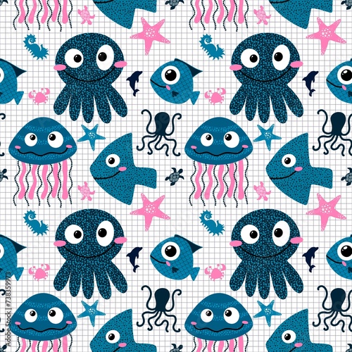 Ocean animals seamless jellyfish and crabs and starfish and fish and octopus pattern for wrapping paper