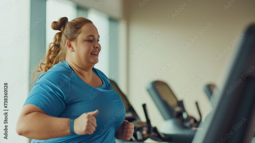 Happy confident overweight woman in blue fitness clothes on trainer treadmill in gym, close up, copy space, concept of healthy lifestyle, losing weight, work out in gym. Happy confident overweight woman in blue fitness clothes on trainer treadmill in gym, close up, copy space, concept of healthy lifestyle, losing weight, work out in gym.
