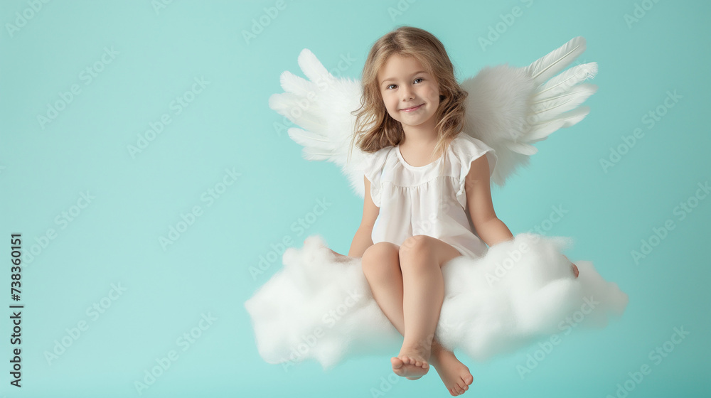 Baby Angel Wings, Angelic Cupid Kid, adorable girl Child sitting and posing at Blue Sky Cloud, with copy space. Baby Angel Wings, Angelic Cupid Kid, adorable girl Child sitting and posing at Blue Sky Cloud, with copy space.