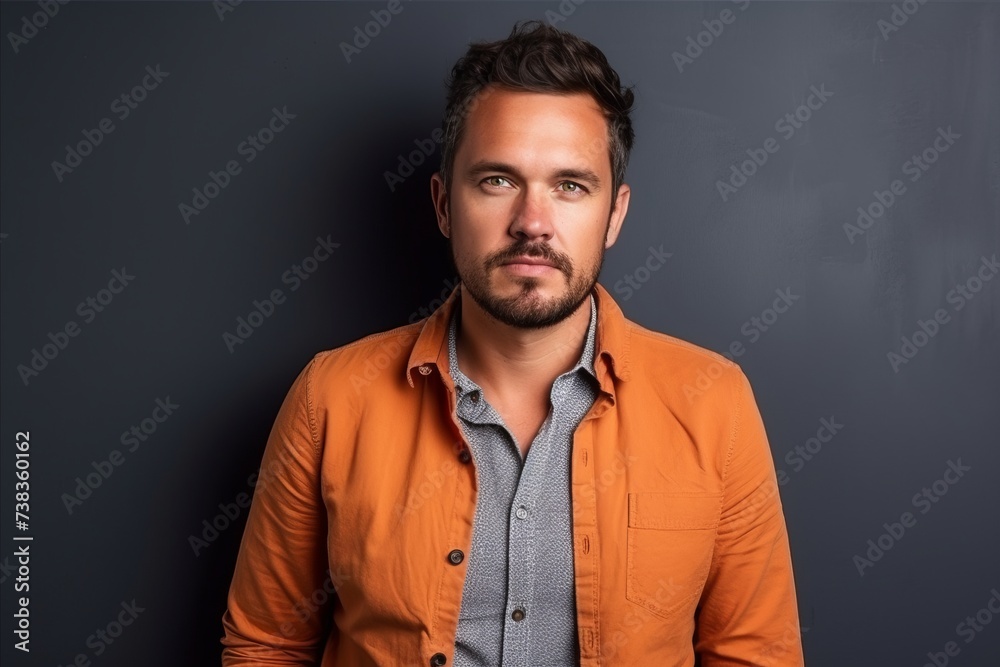 Portrait of a handsome man with beard and mustache wearing orange shirt Portrait of a handsome man with beard and mustache wearing orange shirt