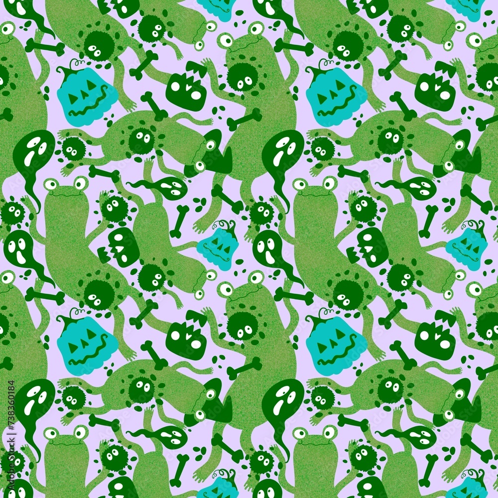 Halloween animals seamless frogs and pumpkins and ghost and skulls pattern for wrapping paper and fabrics