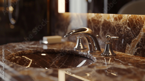 A close-up of a contemporary bathroom vanity with a marble countertop, sink, and elegant faucet