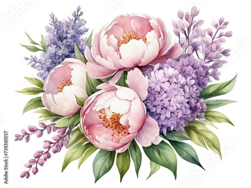 A watercolor illustration of a Bouquet of lilacs and peonies isolated on a white background © Olga