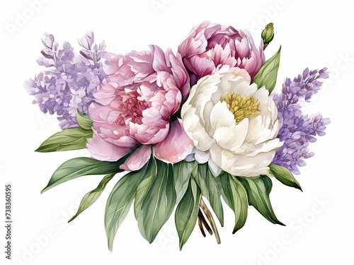 A watercolor illustration of a Bouquet of lilacs and peonies isolated on a white background