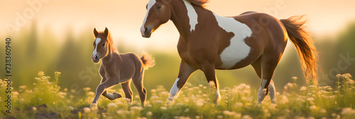 Picturesque Sunset View: Playtime of an Adorable Foal and its Affectionate Mother in an Enchanting Meadow