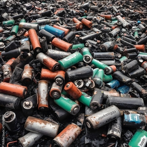 Battery waste danger. Pile of old used EV car batteries toxic waste chemicals lead leak impact nature no recycled.