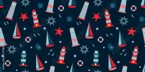 Seamless pattern with sailing boats, lighthouses, steering wheel, lifebuoys, starfish. Vector graphics.