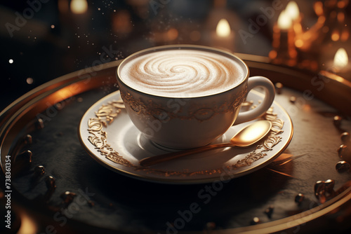 Elegant Coffee Cup with Latte Art Amidst Warm Lighting