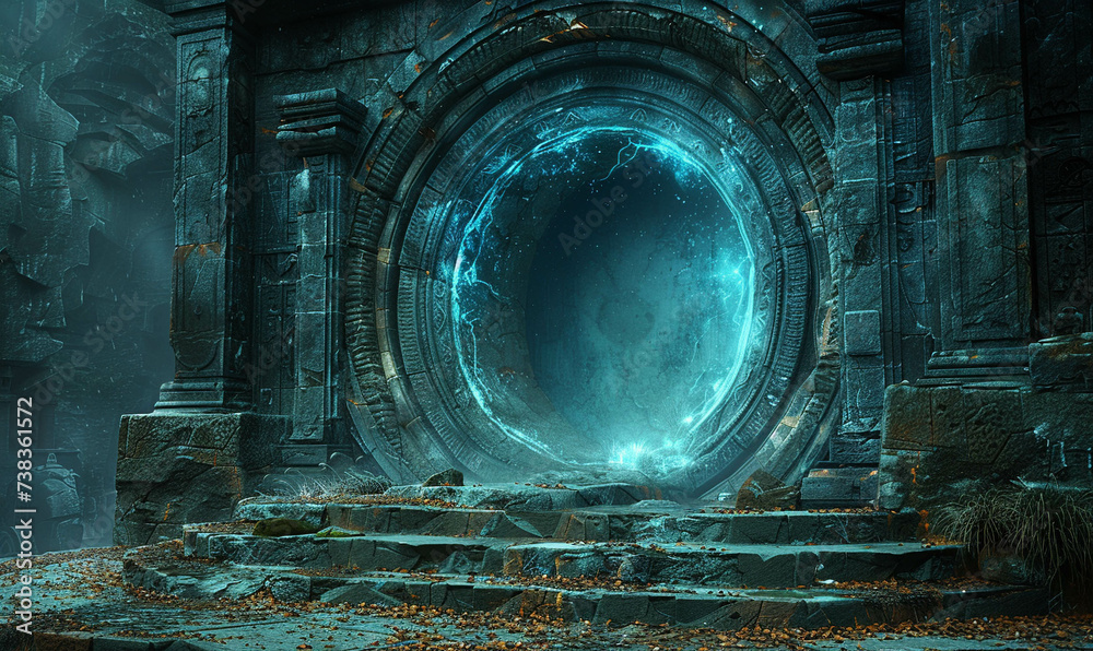 An ancient portal emits a mysterious blue glow amidst ruins - obrazy, fototapety, plakaty 