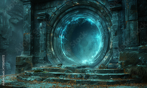 An ancient portal emits a mysterious blue glow amidst ruins