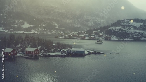 Serene winter landscapes of a snowy village by the fjord
