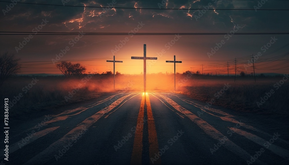 Silhouette of crosses on beautiful spring sunset. Easter theme. - obrazy, fototapety, plakaty 