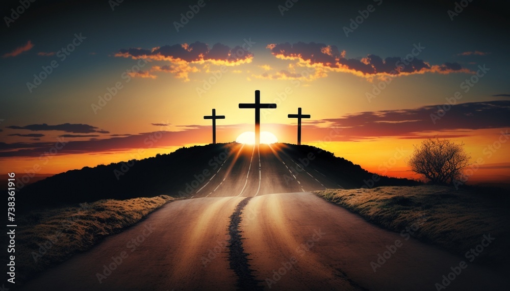 Silhouette of crosses on beautiful spring sunset. Easter theme. - obrazy, fototapety, plakaty 