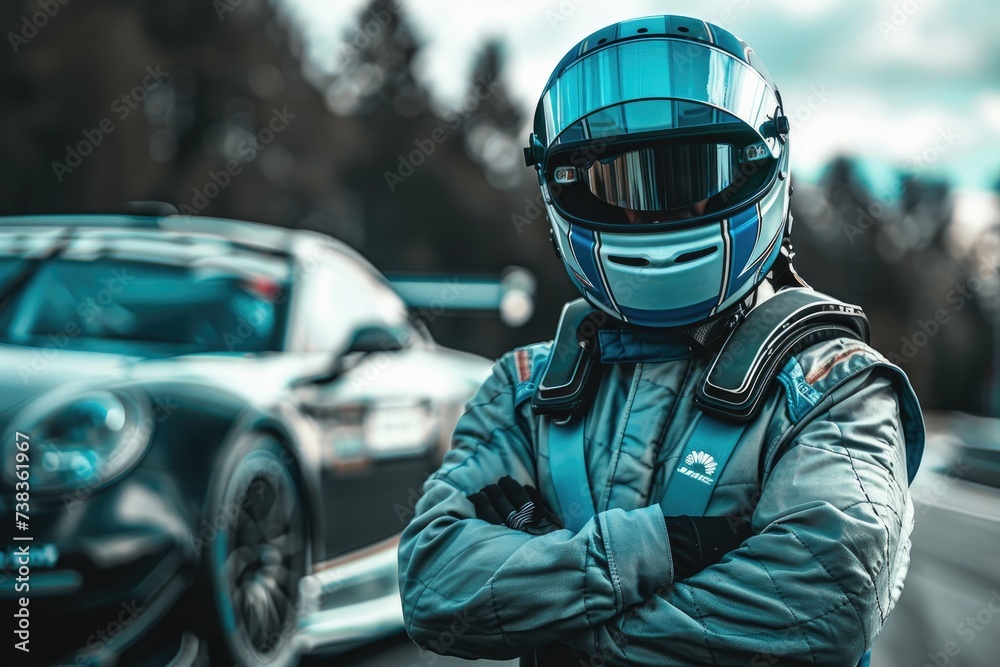 A racer in a racing suit and helmet posing next to a race car A racer in a racing suit and helmet posing next to a race car