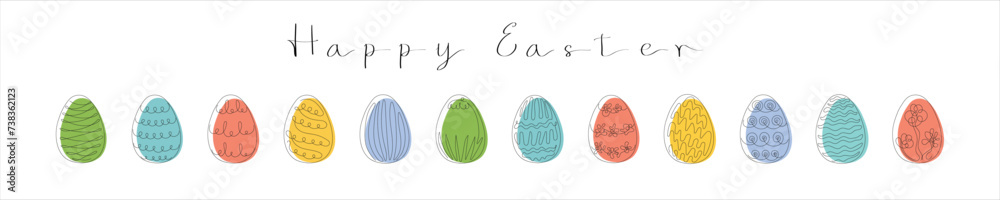 Set of Colored Easter eggs with patterns. With the inscription Happy Easter. Continuous one line drawing. Line art. Isolated on white background. Design elements. Print. Greeting. Minimalist art Set of Colored Easter eggs with patterns. With the inscription Happy Easter. Continuous one line drawing. Line art. Isolated on white background. Design elements. Print. Greeting. Minimalist art
