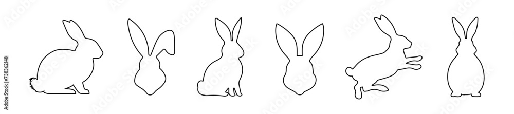 Set of rabbits in outline. Easter bunnies. Isolated on white background. A simple black icons of hares. Cute animals. Ideal for logo, emblem, pictogram, print, design element for greeting card. Set of rabbits in outline. Easter bunnies. Isolated on white background. A simple black icons of hares. Cute animals. Ideal for logo, emblem, pictogram, print, design element for greeting card.