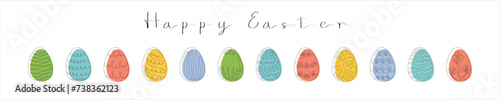 Set of Colored Easter eggs with patterns. With the inscription Happy Easter. Continuous one line drawing. Line art. Isolated on white background. Design elements. Print. Greeting. Minimalist art