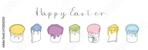 Set of colorful Easter Kulich cakes with icing. With text Happy Easter. Continuous one line drawing. Traditional Ukrainian Easter cupcakes. Vector illustration isolated on white. Design element