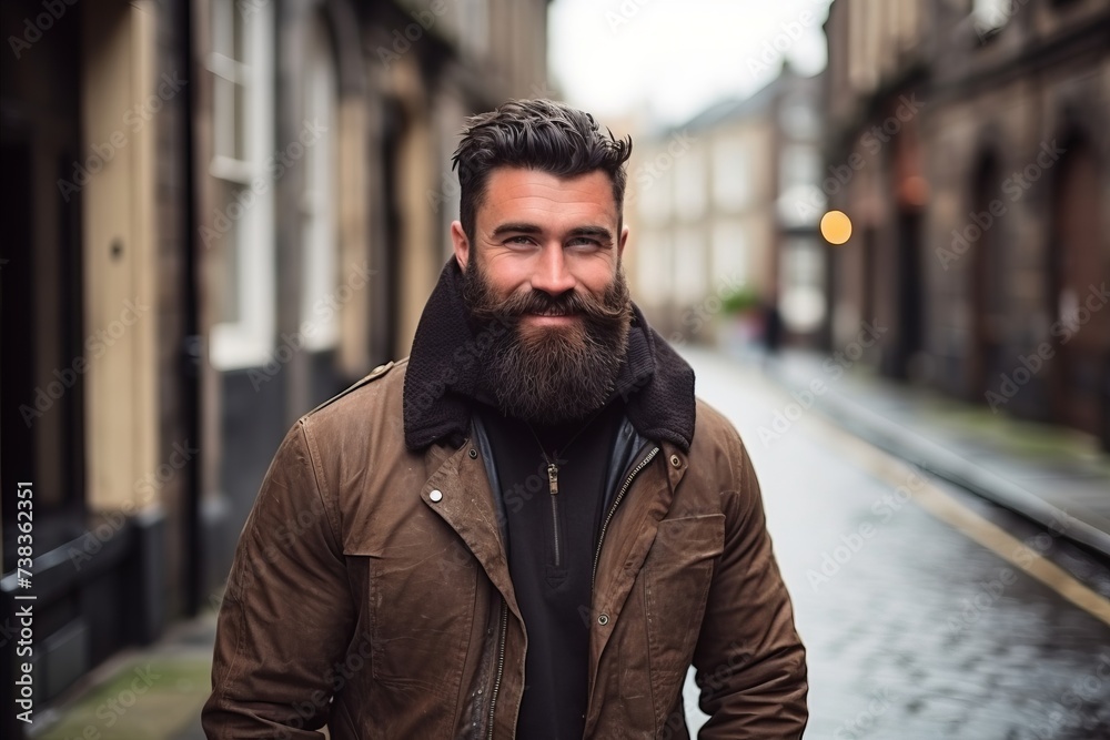 Portrait of a handsome bearded man with a coat and scarf in the city.