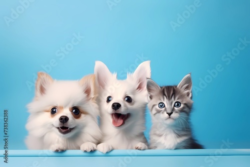Two Fluffy White Pomeranian Puppies and a Grey Tabby Kitten on a Blue Background