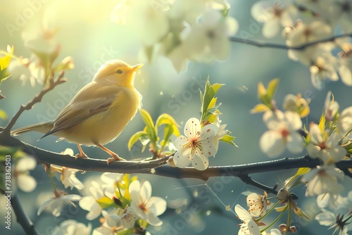 Yellow Warbler Perched on Flowering Branch in Sunlit Spring