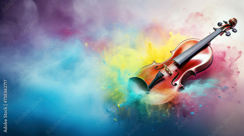 World music day background with violin on abstract colorful dust background with copy space. Music day event and classical musical instruments colorful design