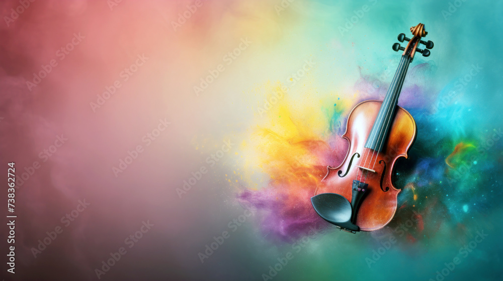 World music day background with violin on abstract colorful dust background with copy space. Music day event and classic musical instruments colorful design