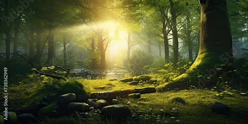Nature outdoor forest with sun lights rays background. Adventure realxing