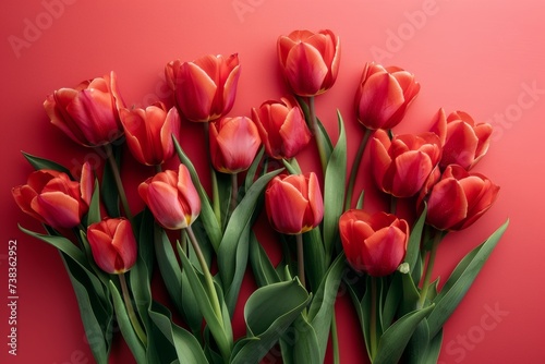 Beautiful bouquet of red tulips flowers on pastel red background