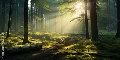 Nature outdoor forest with sun lights rays background. Adventure realxing