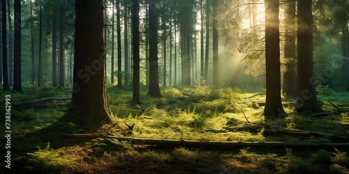 Nature outdoor forest with sun lights rays background. Adventure realxing