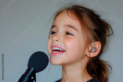 Portrait of a Caucasian happy little girl with a hearing aid behind her ear who sings into a microphone, full life of people with hearing problems photo