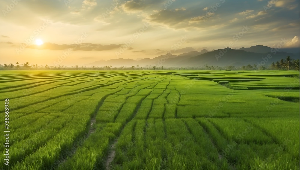 A vast expanse of lush green rice paddies stretching into the horizon, reflecting the golden rays of the sun at dawn, 4k resolution, highly detailed. generative AI