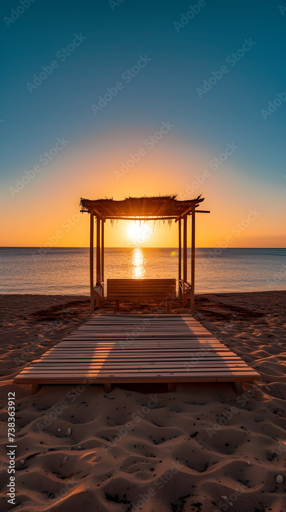 kiosk by the sea during sunset